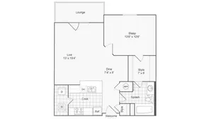 Modern floor plan showcasing a spacious living area, stylish bedroom, sleek kitchen, and inviting lounge that promises comfort and functionality.