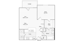 Modern floor plan featuring open living and dining area, spacious 12x13 bedroom, sleek kitchen with appliances, and relaxing lounge.