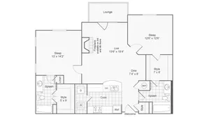 Elegant floor plan featuring 2 bedrooms, a spacious living area with a fireplace, and modern kitchen. Includes two stylish bathrooms and a cozy lounge area.