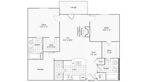 Inviting floor plan showcasing 2 spacious bedrooms, open living space, modern kitchen, and two stylish bathrooms for a comfortable lifestyle.