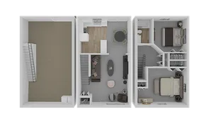 Modern 3D floor plan showcasing two cozy bedrooms, a sleek living room, a contemporary kitchen, and a spacious garage area.