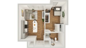 Modern apartment floor plan showcasing one bedroom, an open kitchen-living area, and a chic bathroom with wooden flooring.