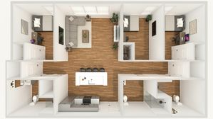 Modern 3-bedroom floor plan featuring an open living area, sleek kitchen with bar seating, and stylish wooden flooring.