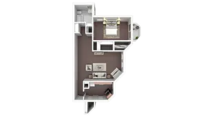 Modern 3D floor plan featuring a cozy one-bedroom layout with an elegant open living and dining area, sleek kitchen, and stylish bathroom, perfect for urban living.