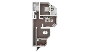 Modern 2D floor plan featuring a cozy one-bedroom layout with an open-plan living and dining area, stylish kitchen, and inviting balcony space.
