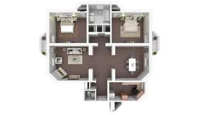 Elegant 3D floor plan featuring two spacious bedrooms, a modern open-concept living and dining area, and a stylish kitchen with contemporary finishes.