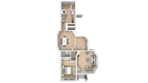 Modern 3D floor plan showcasing an elegant layout with 1 bedroom, a stylish dining area, a cozy living room, and a well-appointed kitchen.