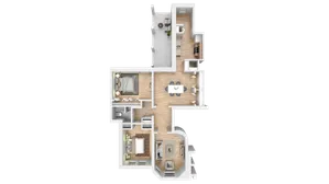Modern 3D floor plan featuring 2 cozy bedrooms, an inviting living room, elegant dining area, and a sleek kitchen opening to a spacious balcony.