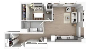 Modern 2D floor plan showcasing a cozy one-bedroom apartment with a spacious living room, contemporary kitchen, and ample closet space.