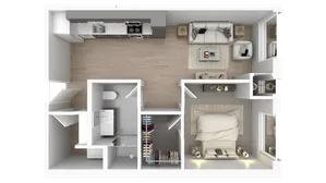 Modern open-concept floor plan featuring a cozy living room, sleek kitchen with contemporary appliances, and a stylish bedroom with en-suite bathroom.