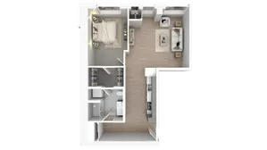 Modern 2D apartment floor plan showcasing a cozy bedroom, well-designed living area, sleek kitchen, and a stylish bathroom.
