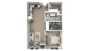 Contemporary 3D floor plan showcasing a cozy one-bedroom apartment with an open-concept living area, a sleek kitchen, spacious bathroom, and a walk-in closet.