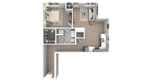 Chic 3D floor plan showcasing a cozy 1 bedroom apartment with modern living room, sleek kitchen, and well-appointed bathroom.