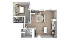 Elegant 3D floor plan showcasing a modern one-bedroom apartment featuring an open-concept living room, dining area, and sleek kitchen, complemented by a spacious walk-in closet and stylish bathroom.