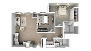Modern 2-bedroom apartment floor plan with open-concept living area, sleek kitchen, and spacious bathroom.