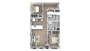 Sleek 3D floor plan showcasing 2 spacious bedrooms, modern kitchen with island, cozy living area, and elegant bathrooms.
