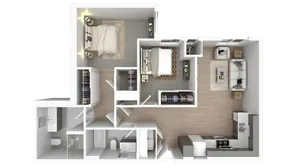 Modern 2D floor plan featuring two elegant bedrooms, a sleek kitchen, and a cozy living room with stylish furnishings.