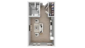 Modern studio apartment floor plan featuring an open-concept living area with sleek kitchen, cozy seating, spacious walk-in closet, and a stylish bathroom.