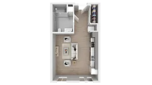 Contemporary floor plan featuring an open living area with cozy seating, modern kitchen, spacious closet, and elegant bathroom.