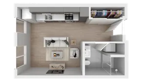 Modern 3D floor plan showcasing a sleek open-concept living area, contemporary kitchen with stylish cabinetry, spacious closet, and elegant bathroom.
