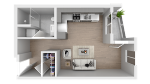 Modern open-concept floor plan featuring a spacious living room with cozy seating, a sleek kitchen with appliances, and a large bathroom with shower.