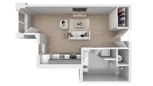 Modern open floor plan featuring a cozy living area with furniture, compact kitchen adjacent to a sleek bathroom, and spacious closet space.