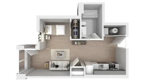 Elegant 3D floor plan showcasing a cozy single-bedroom apartment with a modern open-concept kitchen, inviting living area, and a well-designed bathroom.