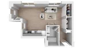 Modern floor plan illustration showcasing an airy open-concept living space, sleek kitchen, cozy seating area, and a stylish bathroom.