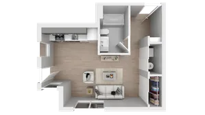 Modern open-concept floor plan showcasing a sleek kitchen, cozy living area, spacious bathroom, and ample closet space.