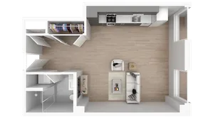 Modern open-floor plan showcasing a spacious living area, sleek kitchen, and ample closet space.