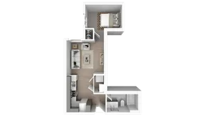 Chic 3D floor plan showcasing a cozy one-bedroom apartment with an inviting living area, modern kitchen, and sleek bathroom.