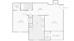 Elegant floor plan featuring a spacious bedroom, open living area, and modern kitchen with balcony access.