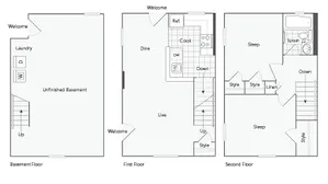 Inviting three-level floor plan with a modern layout. Features a spacious unfinished basement with laundry area, open-concept first floor with kitchen and dining, and two cozy bedrooms on the second floor with a stylish bathroom. Ideal for comfortable living.