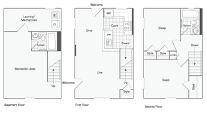 Modern multi-level floor plan showcasing a cozy basement with recreation and laundry area, a stylish first floor with open kitchen and living space, and a second floor featuring two spacious bedrooms and ample storage.