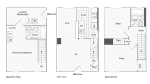 Charming multi-level floor plan showcasing a basement with laundry, open-concept first-floor kitchen and living area, and two cozy bedrooms on the second floor.