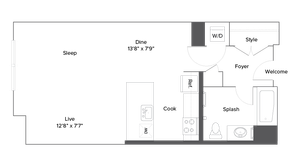Modern studio apartment floor plan featuring open-concept living and dining areas, stylish kitchen, and a cozy sleeping zone.