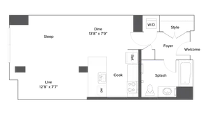 Modern studio apartment floor plan with open living and dining area, spacious kitchen, and sleek bathroom.