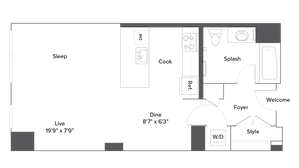 Modern studio apartment floor plan featuring a spacious living area and bedroom labeled \'Live\' and \'Sleep\', an efficient kitchen area marked \'Cook\', and a bathroom labeled \'Splash\'. Includes a stylish entryway marked \'Welcome\' and \'Foyer\', with convenient washer/dryer space.