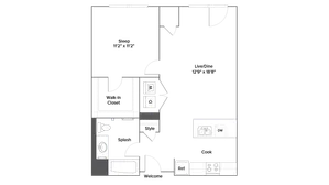 Modern floor plan with an open-concept living and dining area, spacious kitchen, and a cozy bedroom with a walk-in closet.