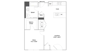 Modern floor plan featuring a spacious living and dining area, one bedroom with walk-in closet, a stylish kitchen, and a well-appointed bathroom.