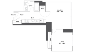 Modern apartment floor plan with 1 bedroom, spacious living/dining area, stylish kitchen, and convenient laundry space.