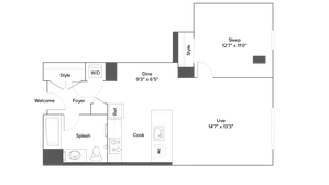 Modern 2D floor plan showcasing a spacious one-bedroom layout with a large living area, stylish kitchen, and cozy dining space.
