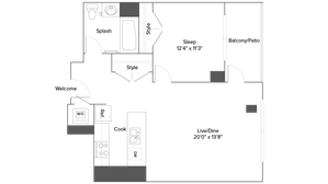Modern floor plan showcasing a spacious 1-bedroom apartment with stylish living space, cozy balcony, and efficient kitchen layout.