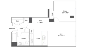 Modern 1-bedroom apartment floor plan with spacious living area, efficient kitchen, stylish bath, and convenient dining space.
