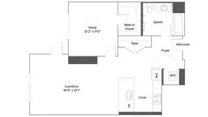 Modern 1-bedroom floor plan with open living/dining area, spacious kitchen, and luxurious bathroom.
