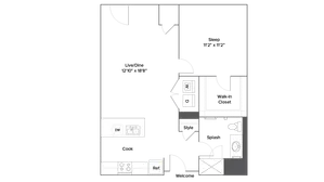 Modern 1-bedroom apartment floor plan featuring open-concept living and dining area, stylish kitchen, spacious walk-in closet, and convenient washer-dryer setup.