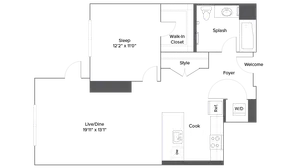 Modern 1-bedroom floor plan featuring an expansive living and dining area, stylish kitchen, and spacious bathroom with walk-in closet.