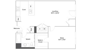 Modern studio apartment floor plan with open living/dining area, spacious bedroom with walk-in closet, stylish kitchen, and elegant bath.
