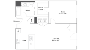 Modern floor plan featuring a spacious 1-bedroom layout with a walk-in closet, stylish kitchen, and open living/dining area.