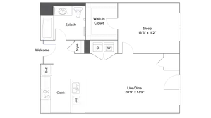 Contemporary floor plan featuring a spacious bedroom, open living and dining area, modern kitchen, large walk-in closet, and stylish bathroom.